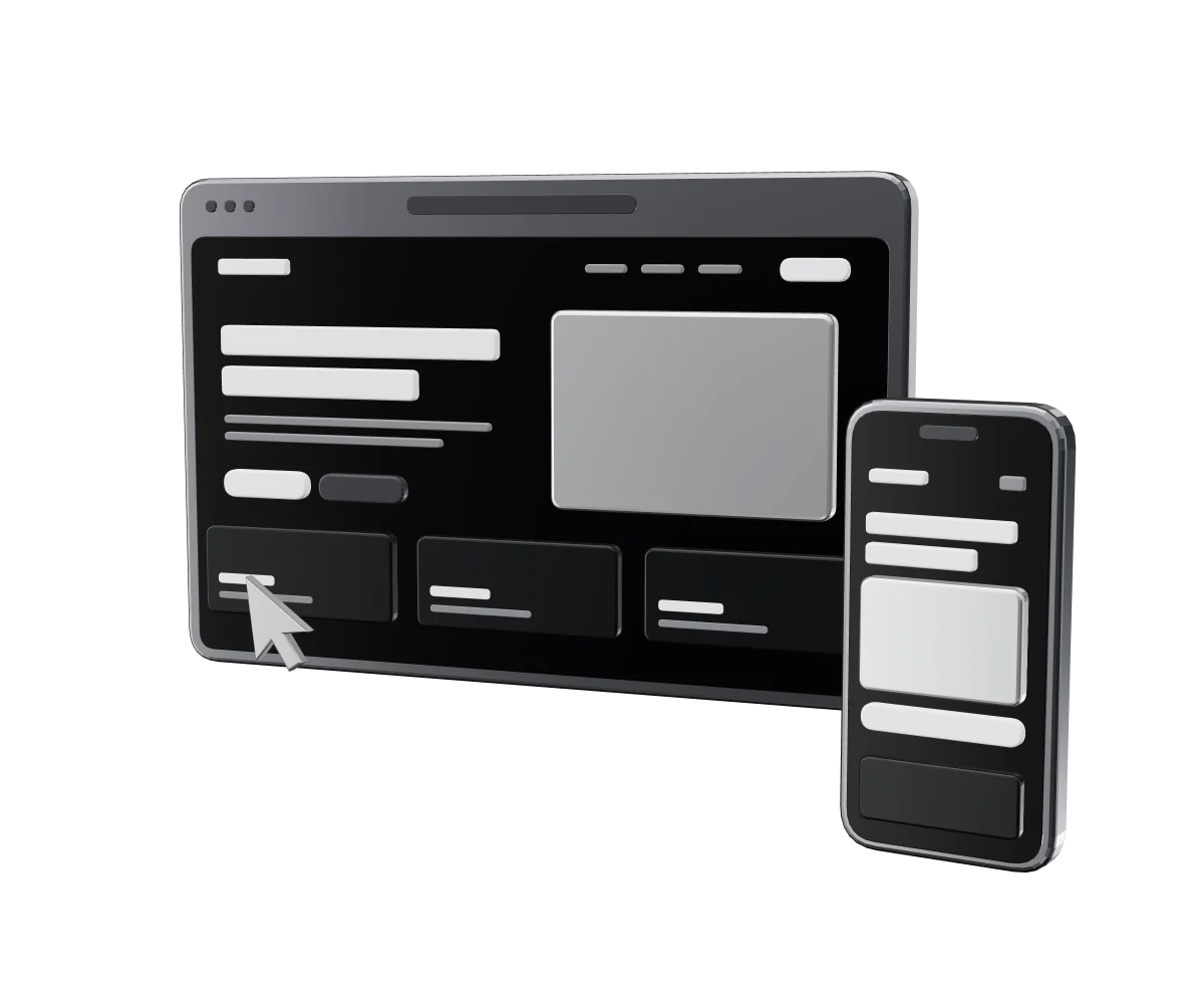 Illustration: a browser window and a phone showing a website layout, in graphite and silver.